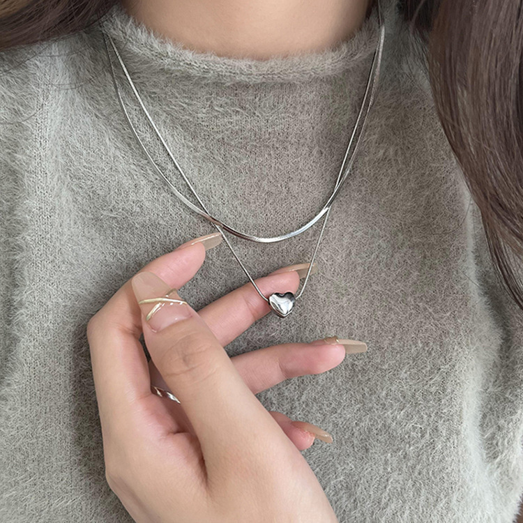 Layered Necklace Set - 925 Sterling Silver Double Layered Heart-shaped