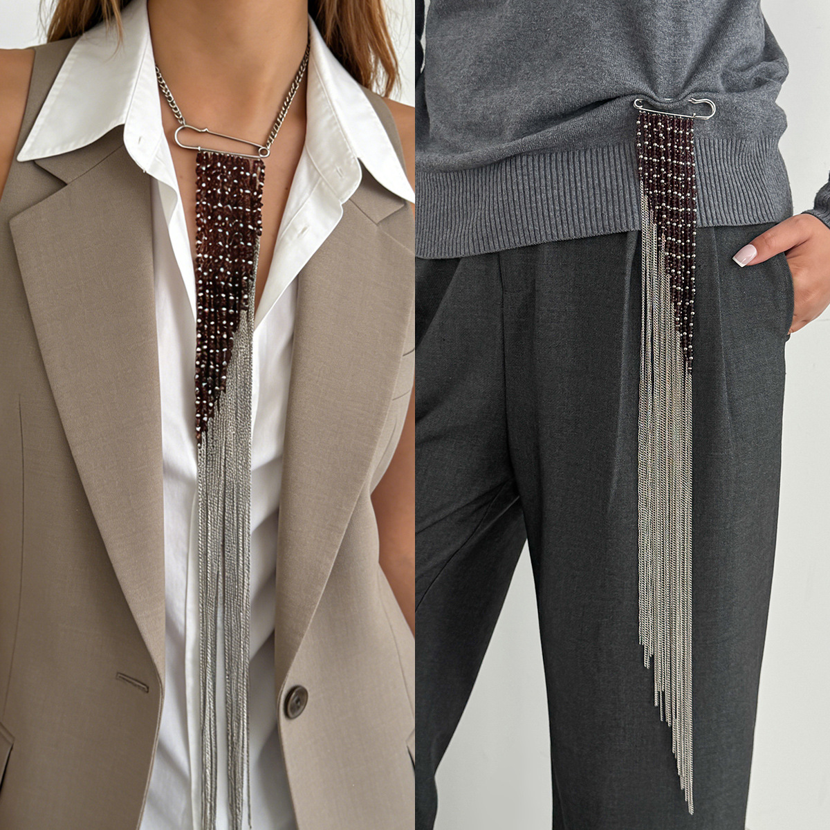 Women Accessories Jewelry - Silver Color Tassel Chain Brooch Fashion
