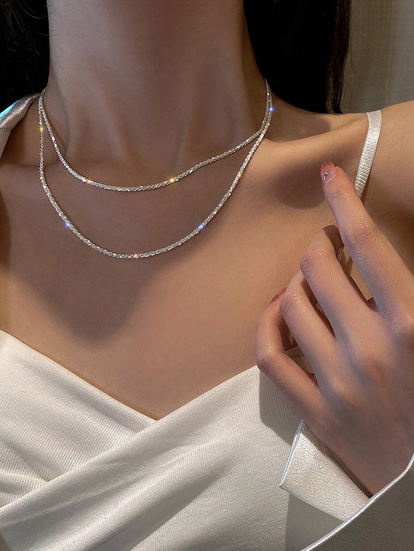 Layered Necklace Set - 2pcs/Set Fashionable Simple Silver Color Micro