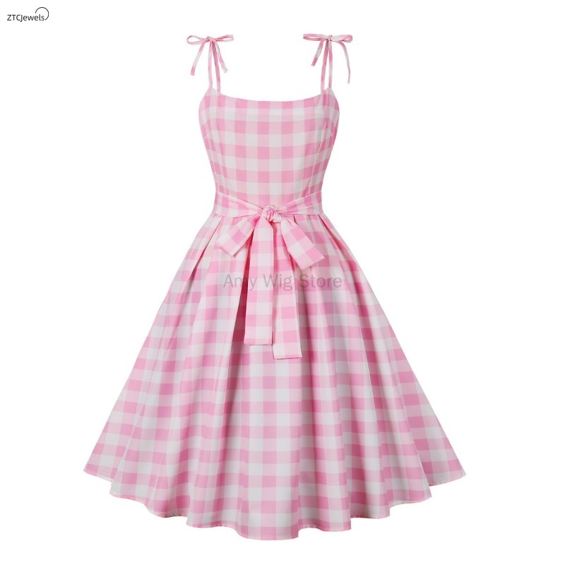 Summer Pink Plaid Dress for Wo - Women'S Accessories In The 1950S 评论和价格